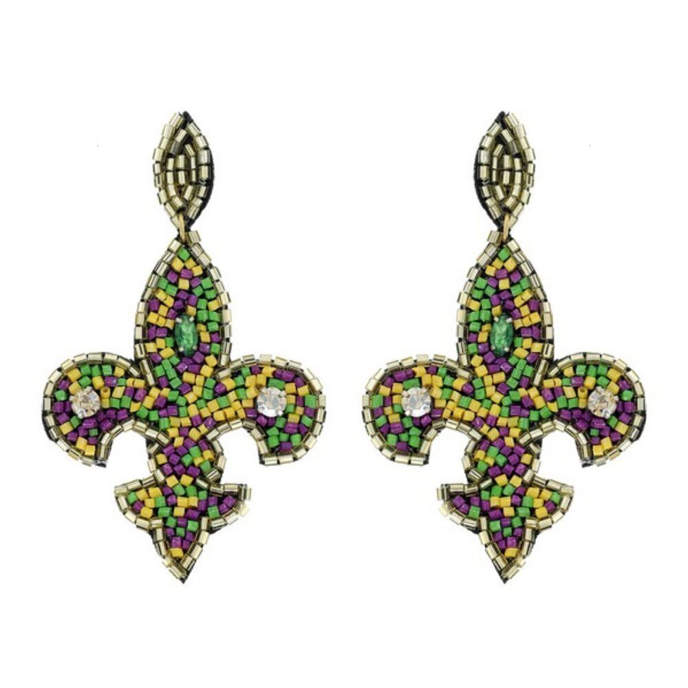 Fleur de Lis Mardi Gras Seed Bead Post Earrings Festive Purple Green Gold 0222